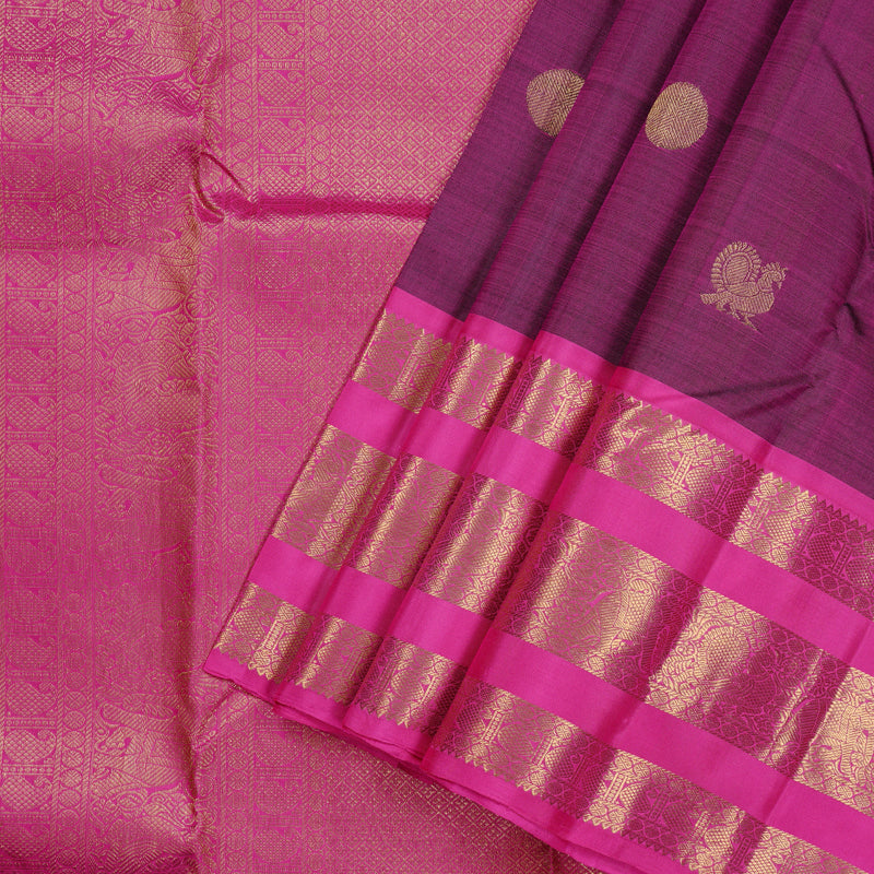 Hayagrivas Dark Purple Handloom Kanjivaram Silk Saree with Pink Border KBD2113C12-1