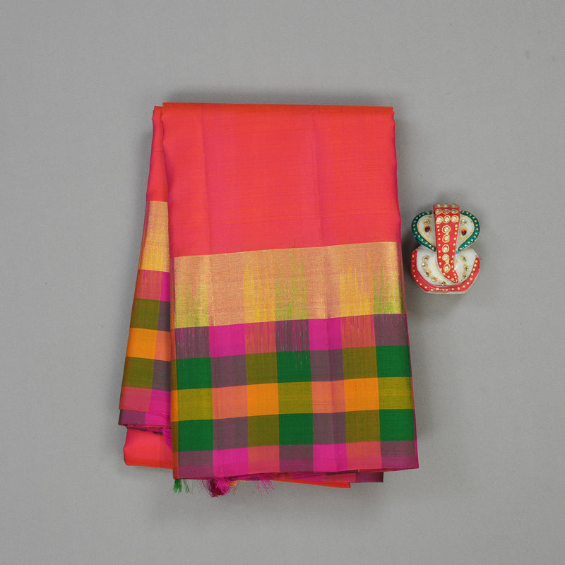 Hayagrivas Orangish Pink Handloom Kanjivaram Silk Saree with Multi Colour Checks Border KBD2114C2-18