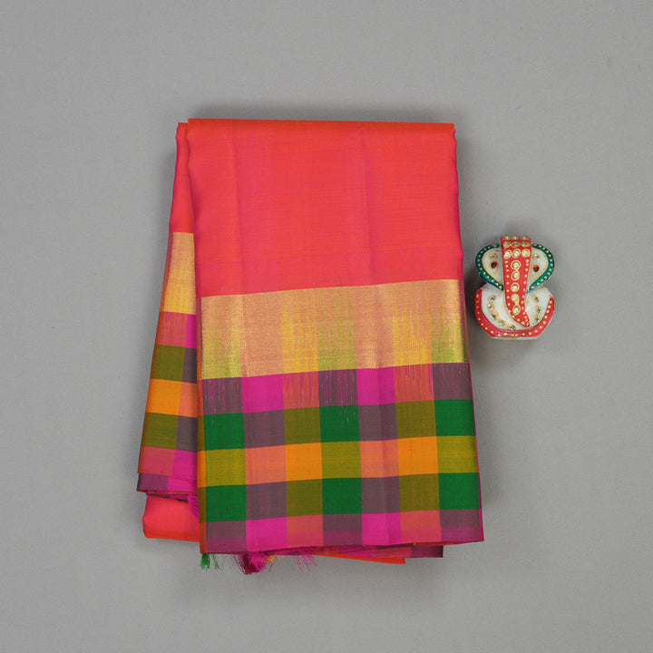 Hayagrivas Orangish Pink Handloom Kanjivaram Silk Saree with Multi Colour Checks Border KBD2114C2-18