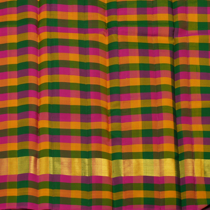 Hayagrivas Orangish Pink Handloom Kanjivaram Silk Saree with Multi Colour Checks Border KBD2114C2-18