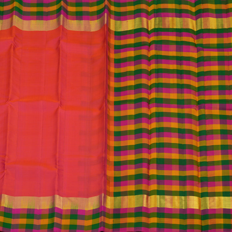 Hayagrivas Orangish Pink Handloom Kanjivaram Silk Saree with Multi Colour Checks Border KBD2114C2-18
