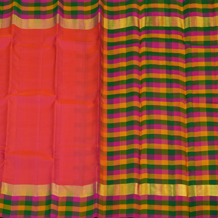 Hayagrivas Orangish Pink Handloom Kanjivaram Silk Saree with Multi Colour Checks Border KBD2114C2-18