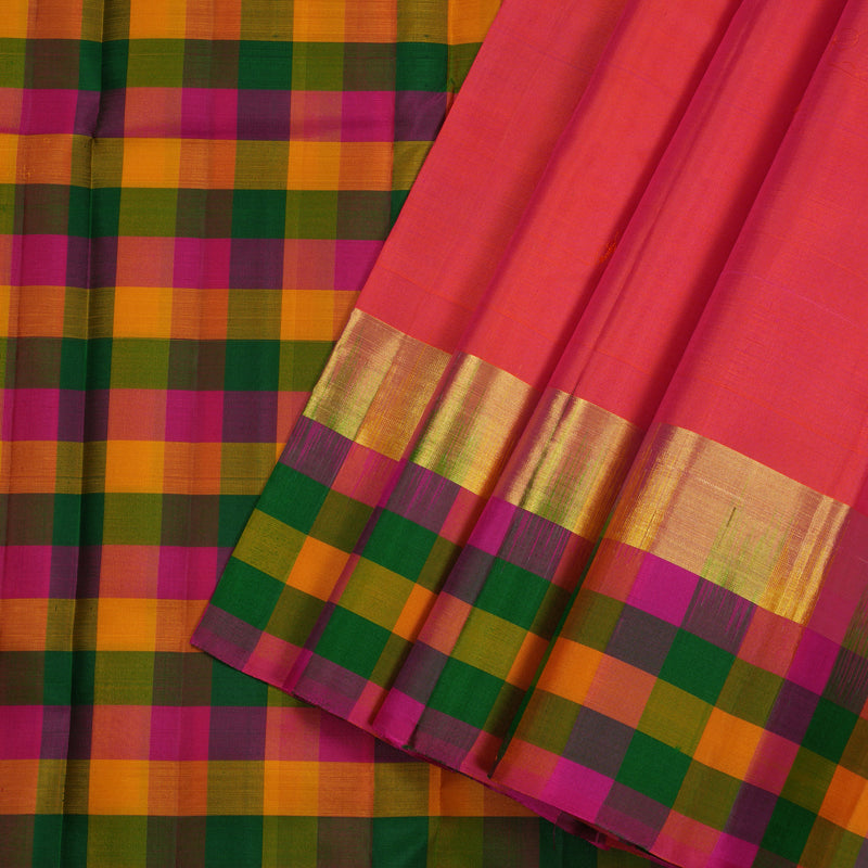 Hayagrivas Orangish Pink Handloom Kanjivaram Silk Saree with Multi Colour Checks Border KBD2114C2-18