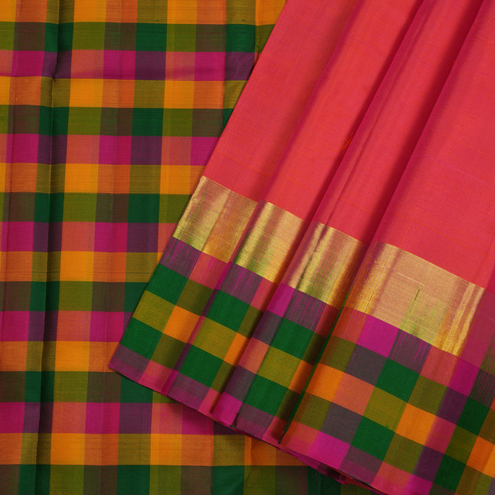 Hayagrivas Orangish Pink Handloom Kanjivaram Silk Saree with Multi Colour Checks Border KBD2114C2-18