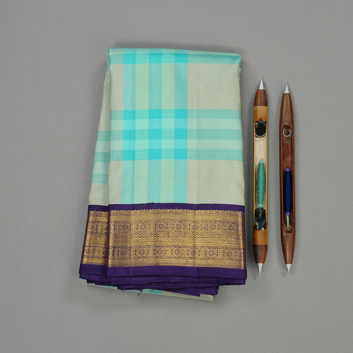 Hayagrivas Sky Blue WIth White Checks Handloom Kanjivaram Silk Saree with Blue Border KBD2115C3-1