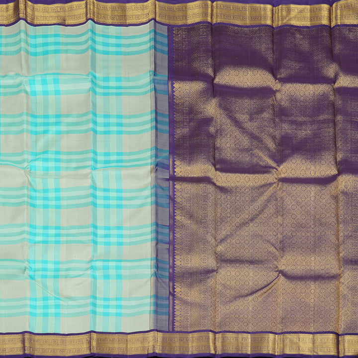 Hayagrivas Sky Blue WIth White Checks Handloom Kanjivaram Silk Saree with Blue Border KBD2115C3-1