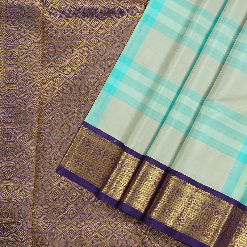 Hayagrivas Sky Blue WIth White Checks Handloom Kanjivaram Silk Saree with Blue Border KBD2115C3-1