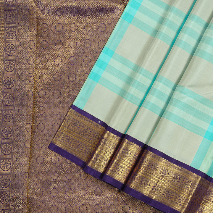 Hayagrivas Sky Blue WIth White Checks Handloom Kanjivaram Silk Saree with Blue Border KBD2115C3-1
