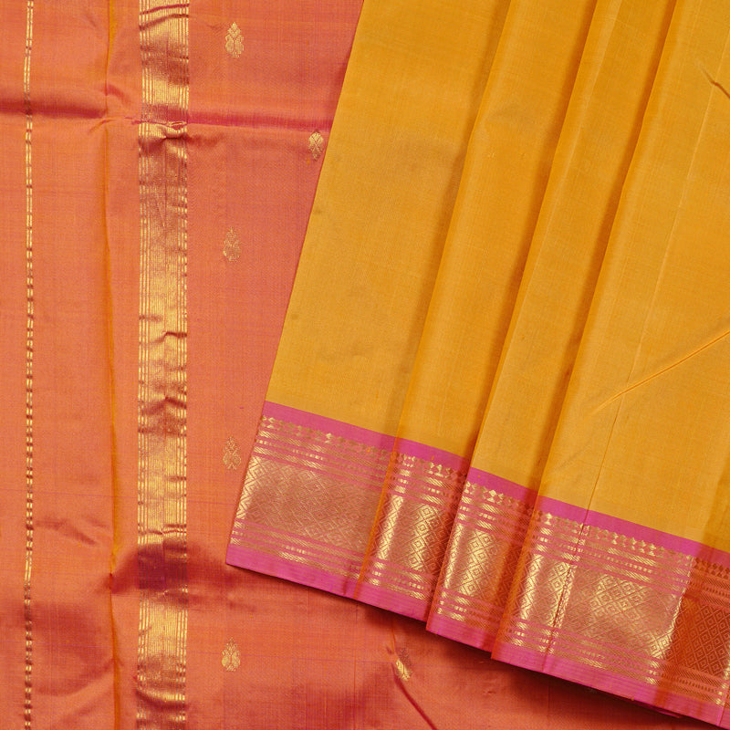 Hayagrivas Mustard Handloom Kanjivaram Silk Saree with Dual Tone (Pink With Yellow) Border KBD2118C1-37