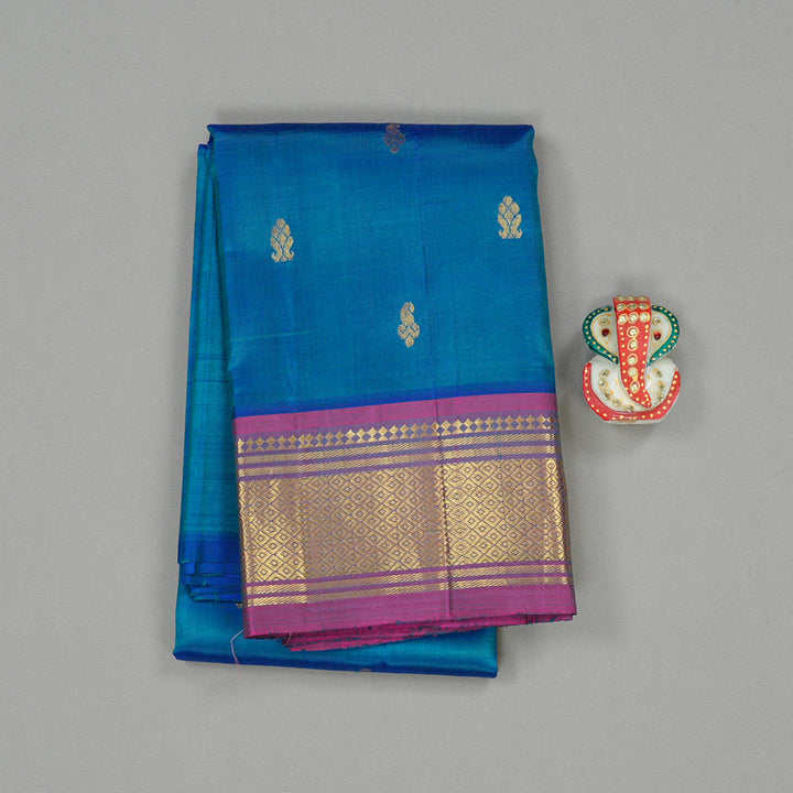 Hayagrivas Peacock Blue Handloom Kanjivaram Silk Saree with Purple Border KBD2118C1-47