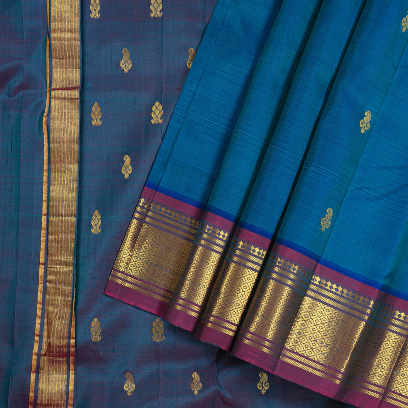 Hayagrivas Peacock Blue Handloom Kanjivaram Silk Saree with Purple Border KBD2118C1-47