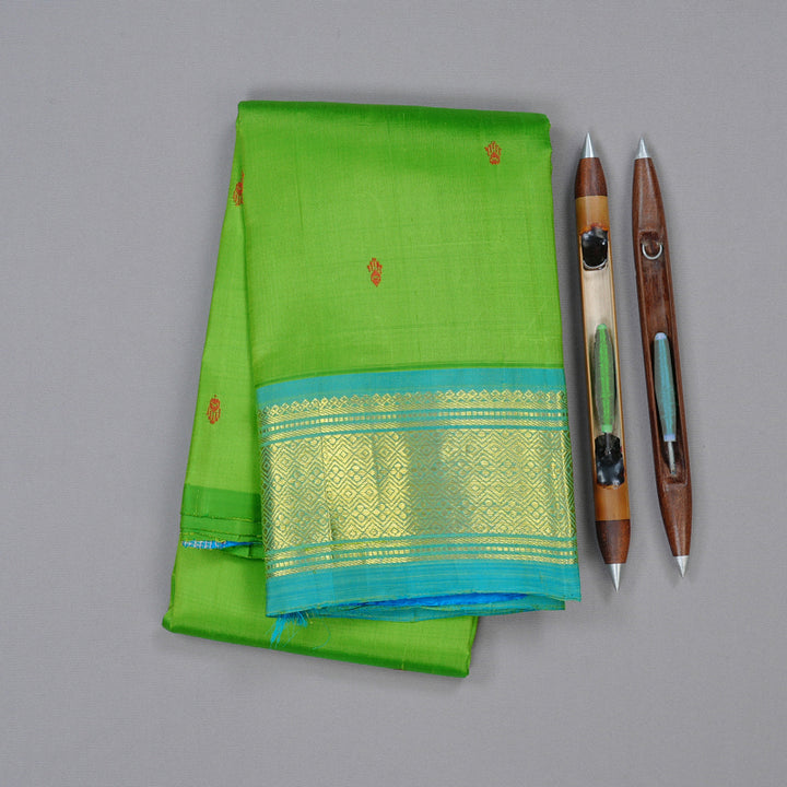 Hayagrivas Parrot Green Handloom Kanjivaram Silk Saree with Sea Blue Border KBD2118C1-53