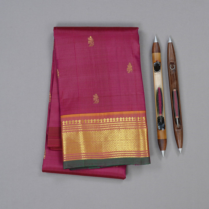 Hayagrivas Purple Handloom Kanjivaram Silk Saree with Dual Tone (Yellow With Pink) Border KBD2118C1-54