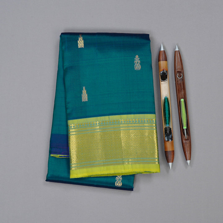 Hayagrivas Peacock Blue Handloom Kanjivaram Silk Saree with Lemon Yellow Border KBD2118C1-69