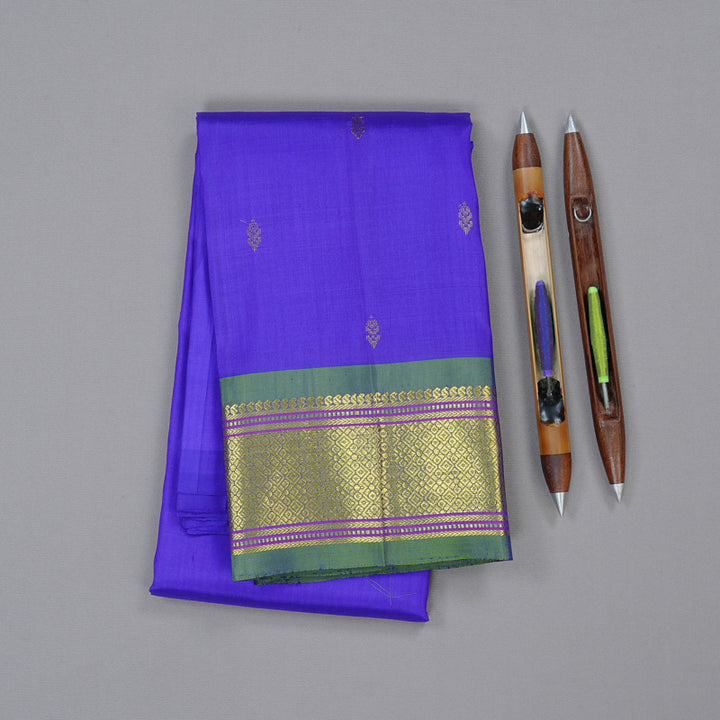 Hayagrivas Purplish Blue Handloom Kanjivaram Silk Saree with Light Green Border KBD2118C1-70
