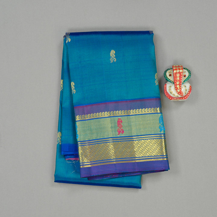 Hayagrivas Peacock Blue Handloom Kanjivaram Silk Saree with Purple Border KBD2118C2-1
