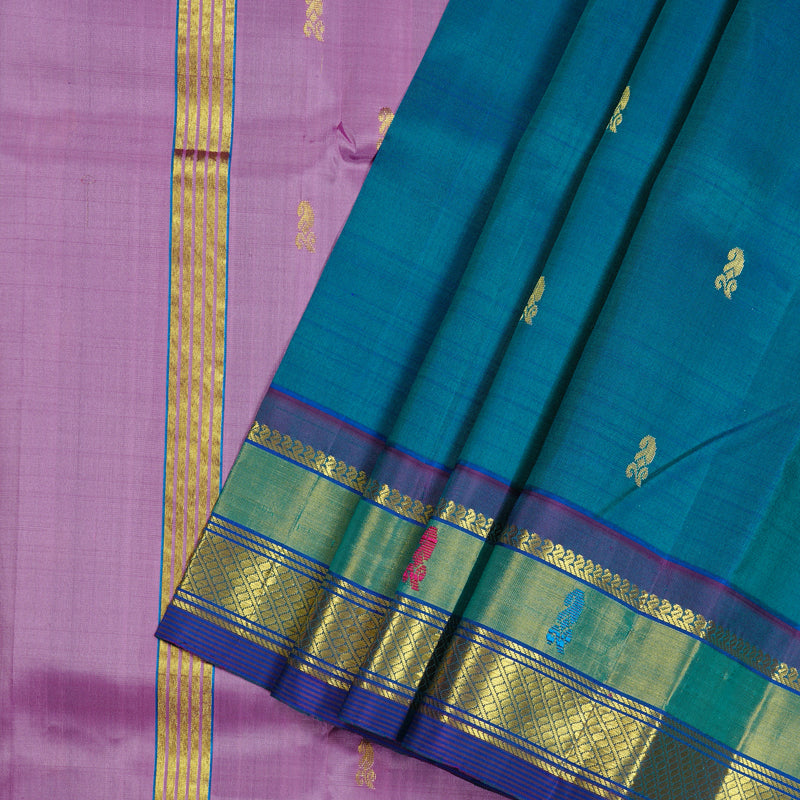 Hayagrivas Peacock Blue Handloom Kanjivaram Silk Saree with Purple Border KBD2118C2-1