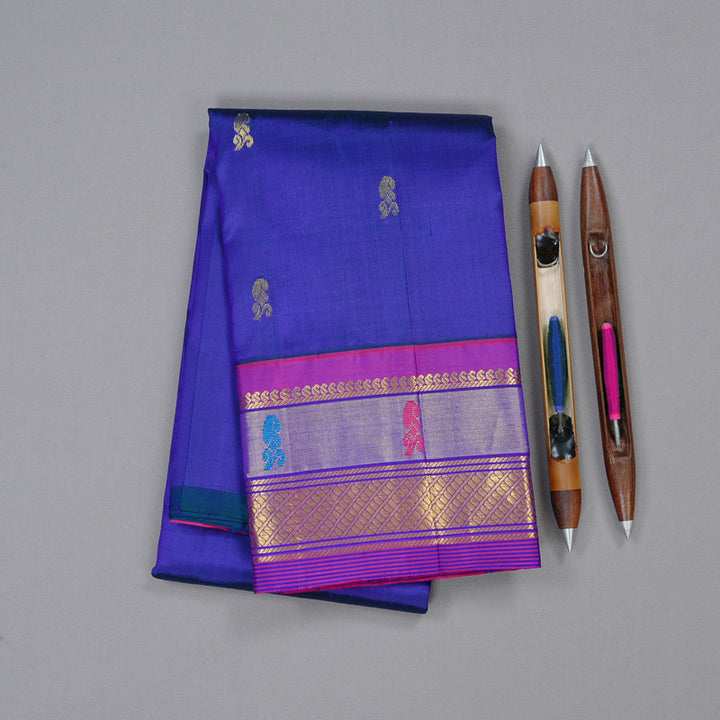 Hayagrivas Peacock Blue Handloom Kanjivaram Silk Saree with Purple Border KBD2118C2-10