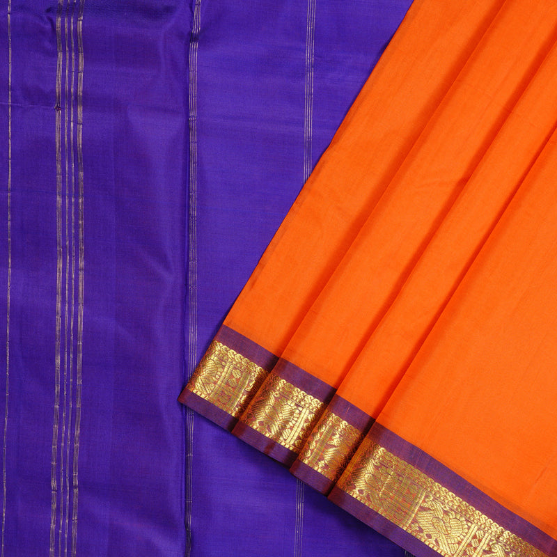 Hayagrivas Orange Handloom Kanjivaram Ten Yards Silk Saree with Purple Border KBD2125C1-3