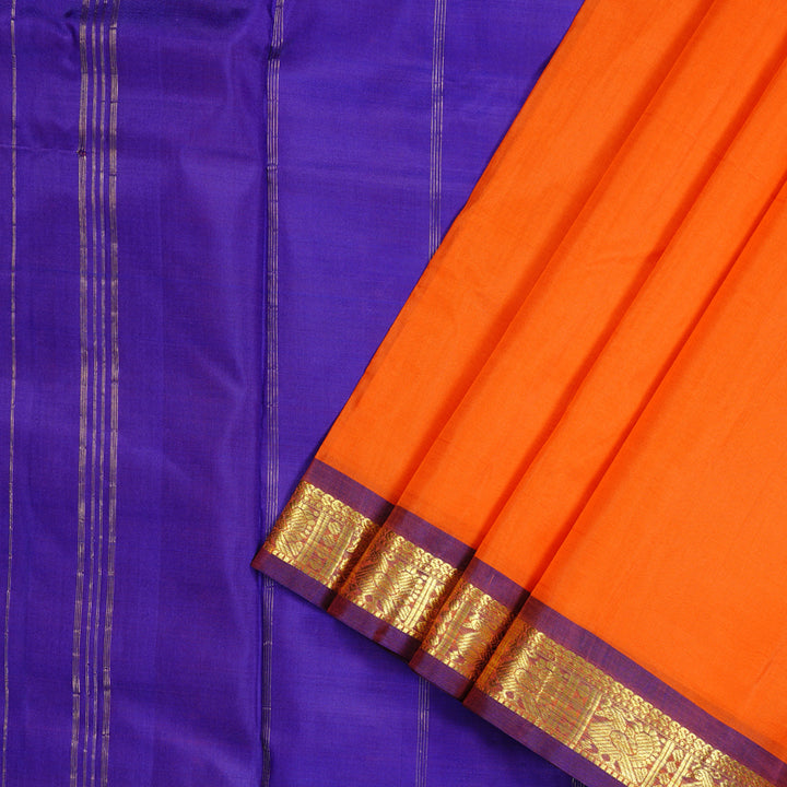 Hayagrivas Orange Handloom Kanjivaram Ten Yards Silk Saree with Purple Border KBD2125C1-3