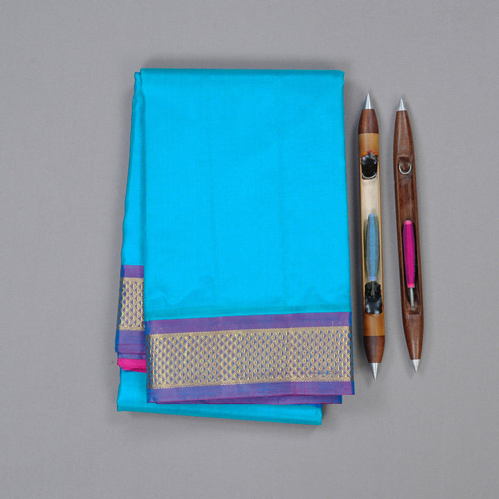 Hayagrivas Sky Blue Handloom Kanjivaram Silk Saree with Purple Border KBD2125C2-3