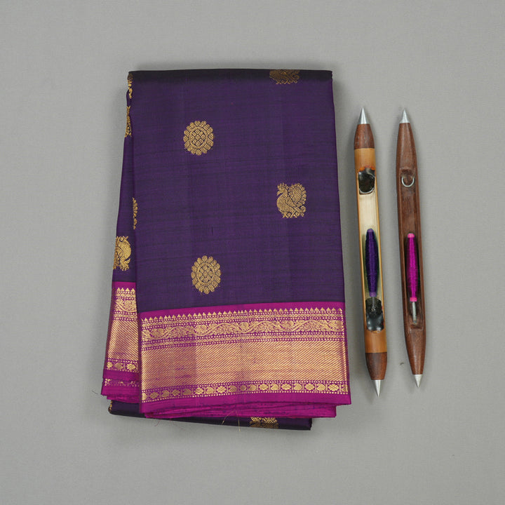 Hayagrivas Dark Purplish Blue Handloom Kanjivaram Silk Saree with Purple Border KBD2126C1-4