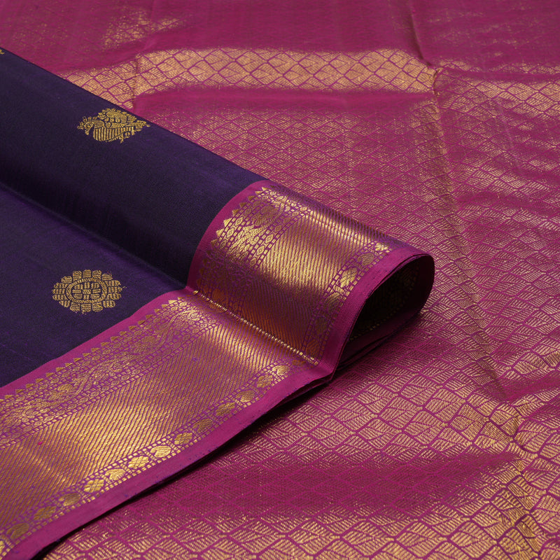 Hayagrivas Dark Purplish Blue Handloom Kanjivaram Silk Saree with Purple Border KBD2126C1-4