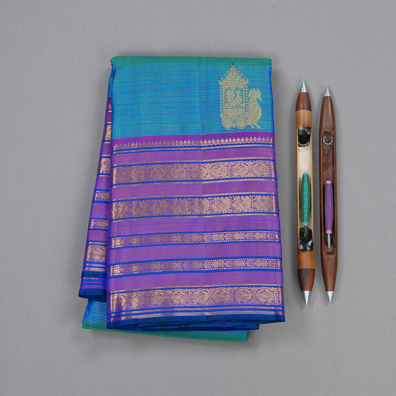 Hayagrivas Handloom Kanjivaram Silk Saree in Magical Peacock Blue KBD2127C10-2