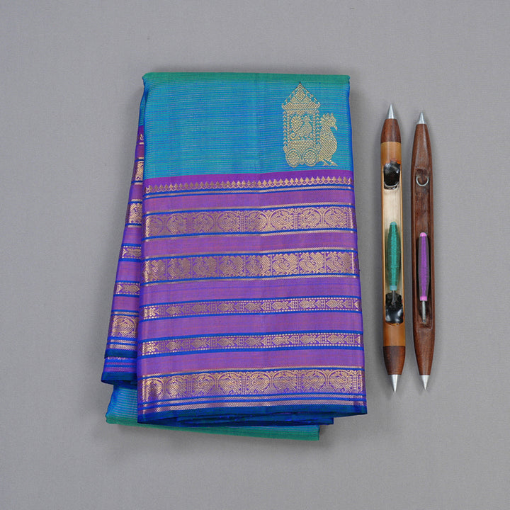 Hayagrivas Handloom Kanjivaram Silk Saree in Magical Peacock Blue KBD2127C10-2