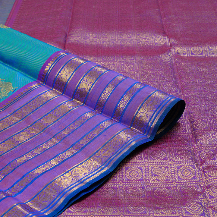 Hayagrivas Handloom Kanjivaram Silk Saree in Magical Peacock Blue KBD2127C10-2