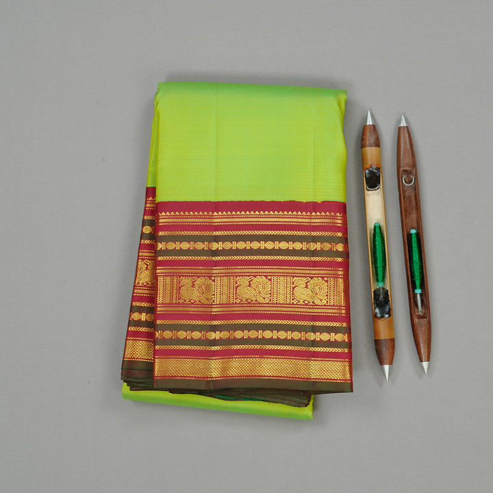 Hayagrivas Fluorescent Green Handloom Kanjivaram Silk Saree with Dark Maroon Border KBD2127C10-3