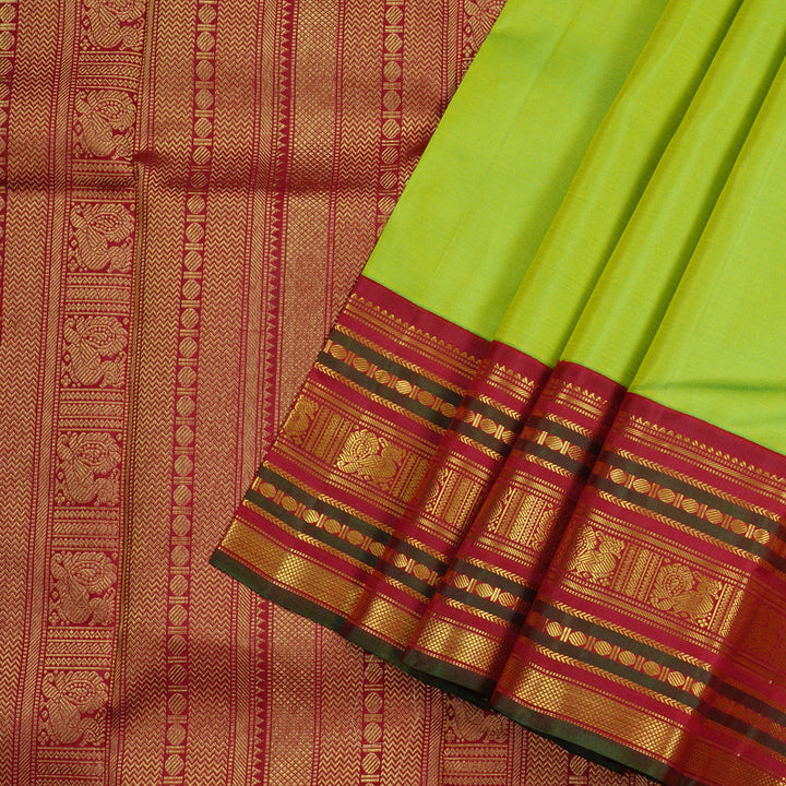 Hayagrivas Fluorescent Green Handloom Kanjivaram Silk Saree with Dark Maroon Border KBD2127C10-3
