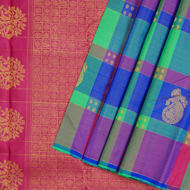 Hayagrivas Multi Colour Checks Handloom Kanjivaram Silk Saree KBD2127C7-1