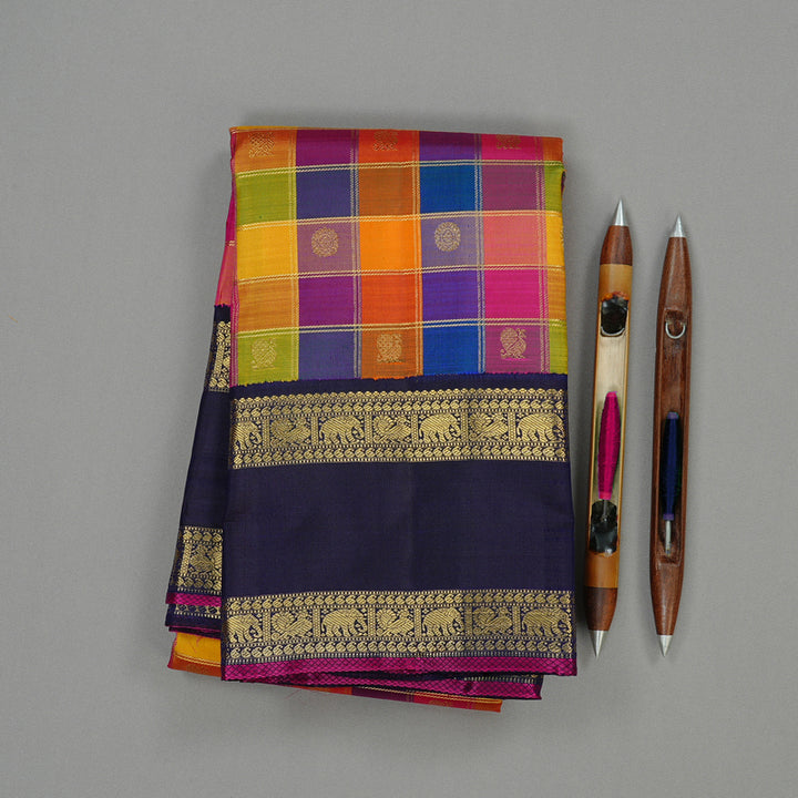 Hayagrivas Multi Colour Checks Handloom Kanjivaram Silk Saree with Dark Blue Border KBD2130C1-1