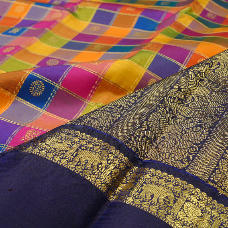 Hayagrivas Multi Colour Checks Handloom Kanjivaram Silk Saree with Dark Blue Border KBD2130C1-1