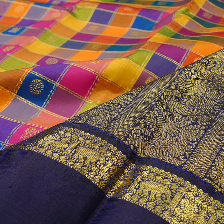 Hayagrivas Multi Colour Checks Handloom Kanjivaram Silk Saree with Dark Blue Border KBD2130C1-1