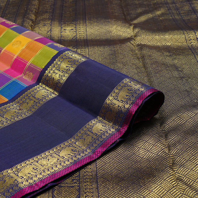 Hayagrivas Multi Colour Checks Handloom Kanjivaram Silk Saree with Dark Blue Border KBD2130C1-1