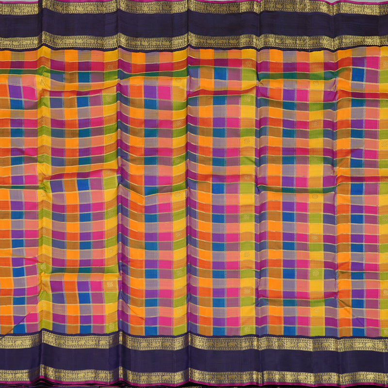Hayagrivas Multi Colour Checks Handloom Kanjivaram Silk Saree with Dark Blue Border KBD2130C1-1