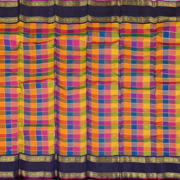 Hayagrivas Multi Colour Checks Handloom Kanjivaram Silk Saree with Dark Blue Border KBD2130C1-1