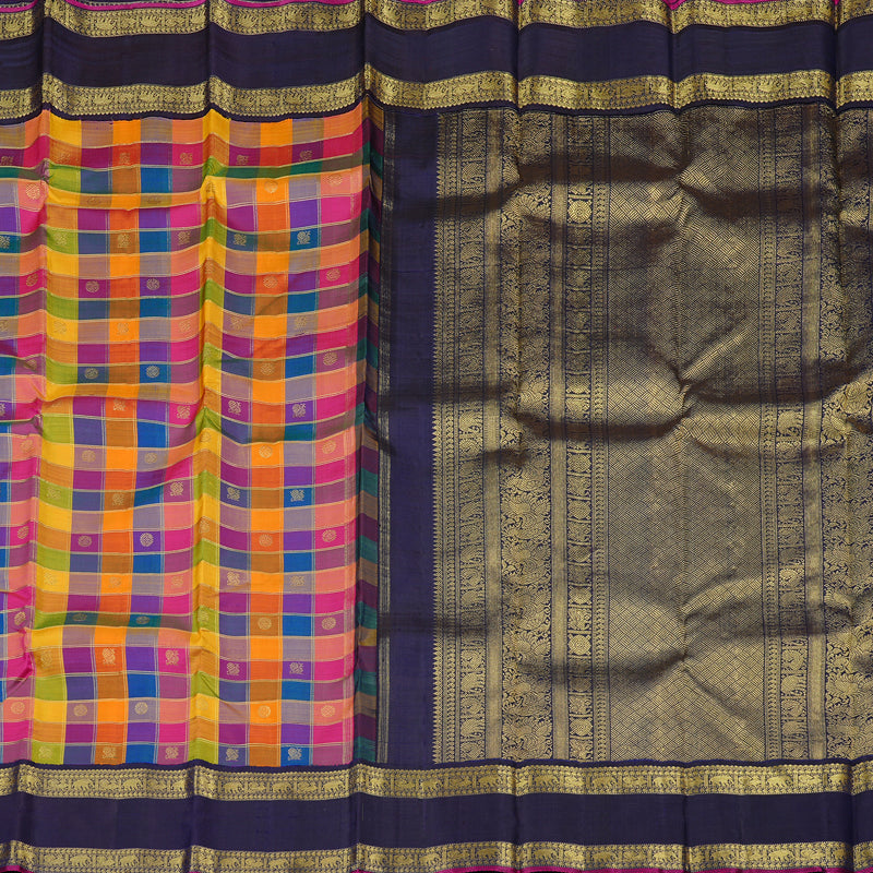 Hayagrivas Multi Colour Checks Handloom Kanjivaram Silk Saree with Dark Blue Border KBD2130C1-1