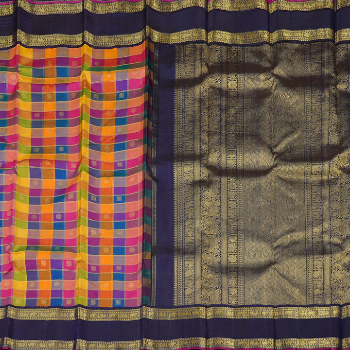 Hayagrivas Multi Colour Checks Handloom Kanjivaram Silk Saree with Dark Blue Border KBD2130C1-1