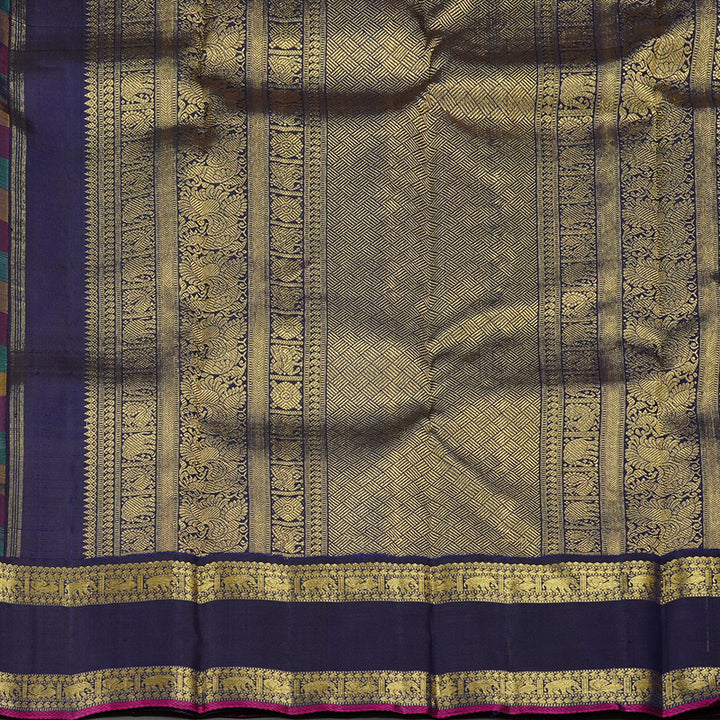 Hayagrivas Multi Colour Checks Handloom Kanjivaram Silk Saree with Dark Blue Border KBD2130C1-1