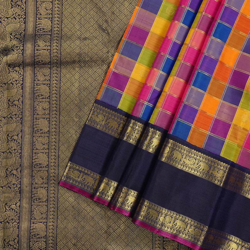 Hayagrivas Multi Colour Checks Handloom Kanjivaram Silk Saree with Dark Blue Border KBD2130C1-1