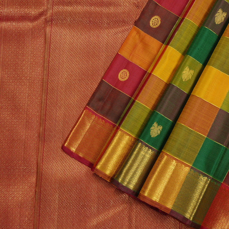 Hayagrivas Handloom Kanjivaram Silk Saree in Stylish Multicolour Checks KBD2134C1-1