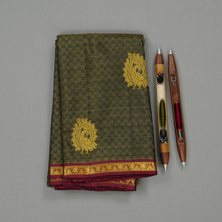 Hayagrivas Sandal Beige Handloom Kanjivaram Silk Saree with Wine Maroon Border KBD2136C4-1