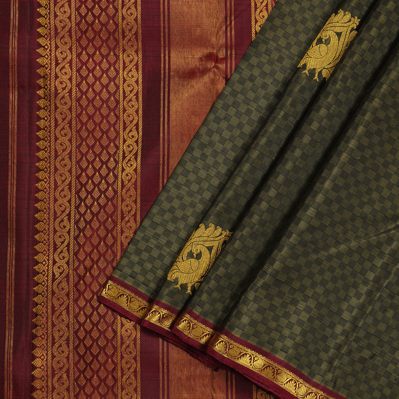 Hayagrivas Sandal Beige Handloom Kanjivaram Silk Saree with Wine Maroon Border KBD2136C4-1