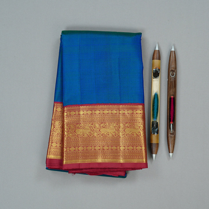 Hayagrivas Peacock Blue Handloom Kanjivaram Silk Saree with Maroon Border KBD2136C7-1