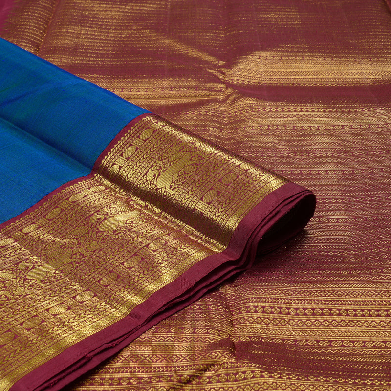 Hayagrivas Peacock Blue Handloom Kanjivaram Silk Saree with Maroon Border KBD2136C7-1