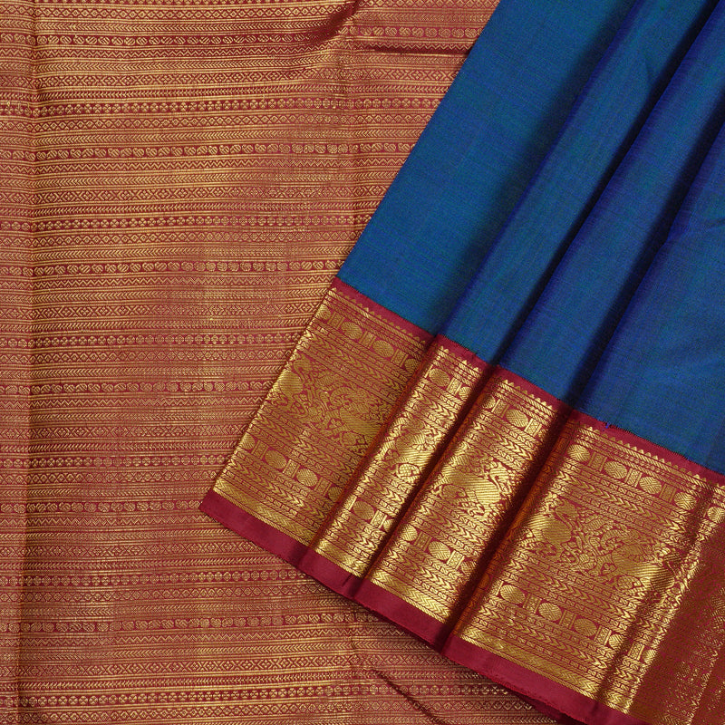 Hayagrivas Peacock Blue Handloom Kanjivaram Silk Saree with Maroon Border KBD2136C7-1