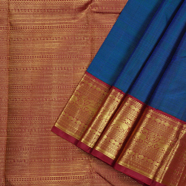 Hayagrivas Peacock Blue Handloom Kanjivaram Silk Saree with Maroon Border KBD2136C7-1